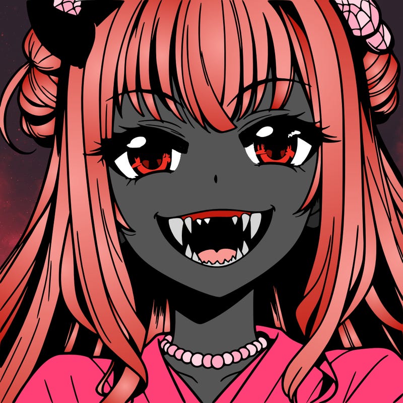 anime girl, vampire teeth,demon slayer themed, evil smile