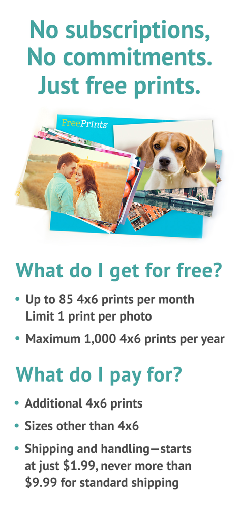 FreePrints – Print Photos - FreePrints app interface showing details about free monthly prints and shipping costs
