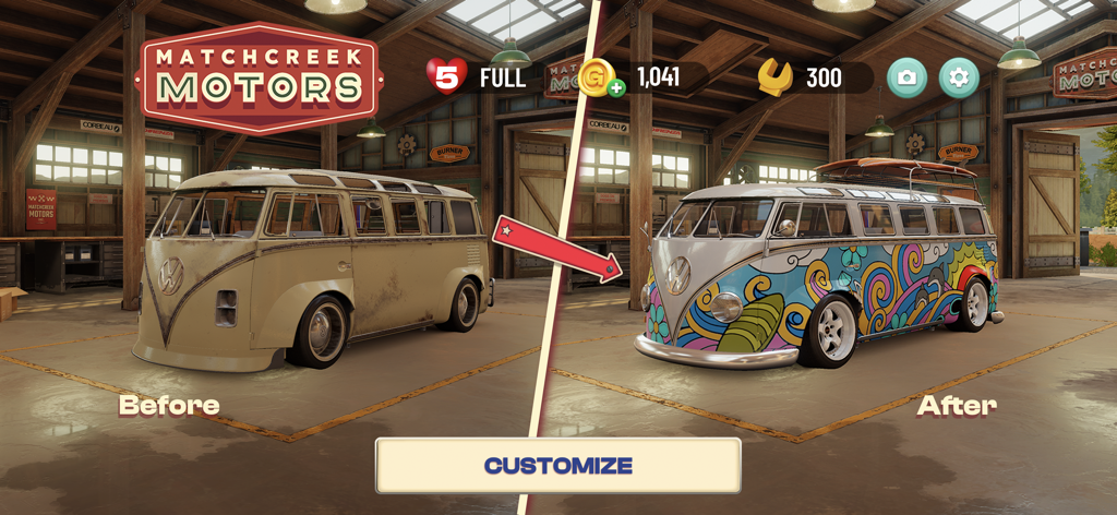 Matchcreek Motors: Custom Cars - Before and after comparison of a classic Volkswagen van restoration in a garage