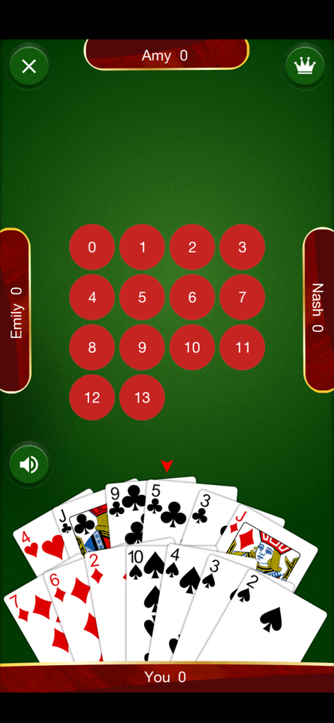 Spades: Card Game - Bidding screen of Spades mobile card game showing a hand of cards and numbered bidding buttons on a green table.