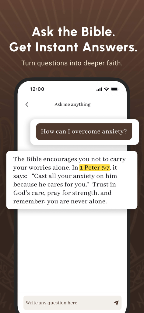 Bible Note Taker & Recorder - 不安などの霊的な質問に対して聖書に基づく回答を提供するAIチャット機能を示すモバイルアプリ画面。