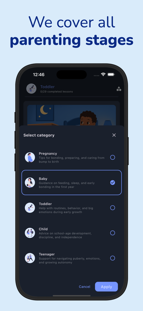 Parenting Leader: Parent Guide - Interfaz de la aplicación Líder en Crianza mostrando categorías seleccionables para embarazo, bebé, niño y etapas adolescentes