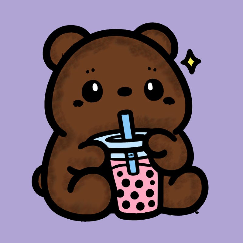 a cute bear drinking boba