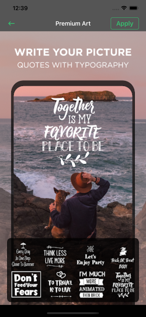 Typorama-Edit Text On Pictures - A mobile app interface displaying various aesthetic typographic quote templates for editing pictures.