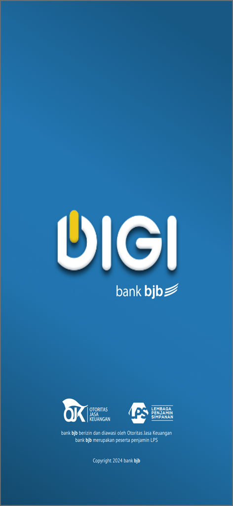 DIGI bank bjb app splash screen showing the white and yellow logo on a blue background with OJK and LPS regulatory seals at the bottom.
