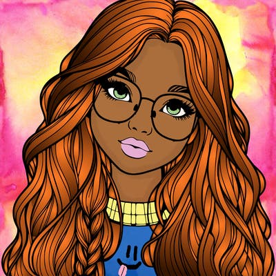 girl with long hair and freckles and glasses realistic