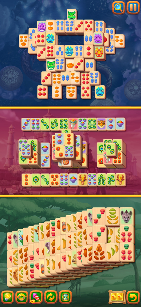 Mahjong Journey gameplay showing three different themed tile matching levels