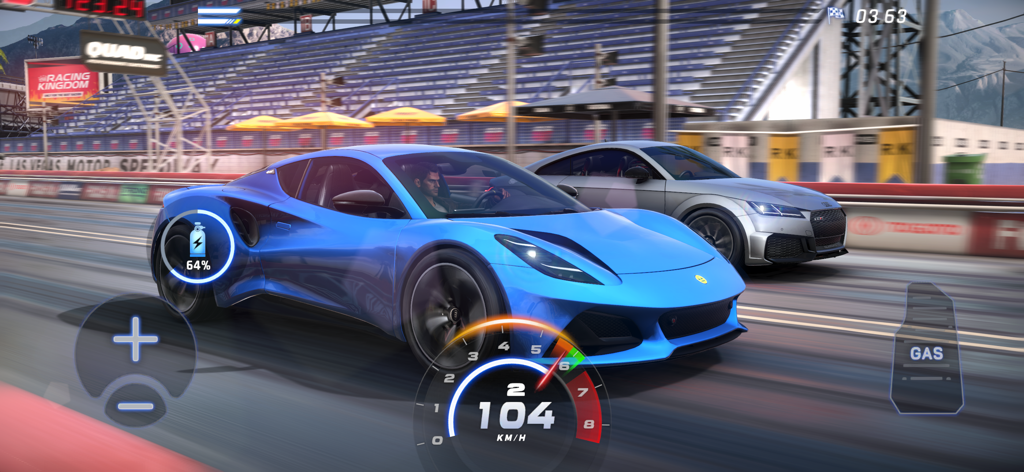 Racing Kingdom - Un superdeportivo azul compite en una carrera de drag a alta velocidad en una pista profesional.