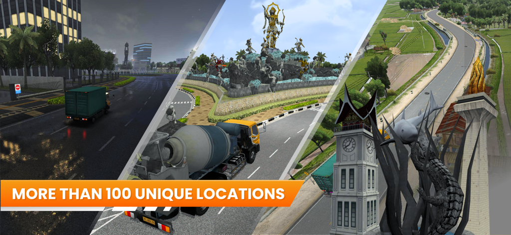 Collage of diverse Indonesian driving environments and landmarks in Truck Simulator Indonesia with text saying more than 100 unique locations.