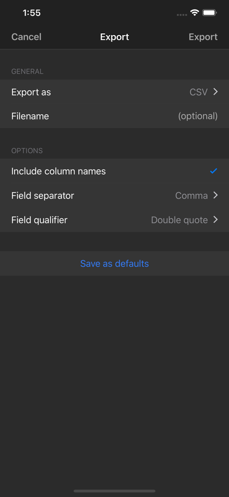 Pantalla de configuración de exportación de bases de datos SQL Server que muestra el formato CSV y las opciones de campos.