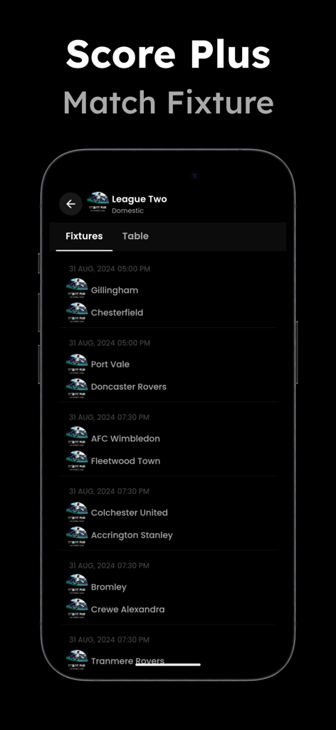 Live Football Tv : Match Score - Score Plus app screen showing a list of upcoming football match fixtures for League Two