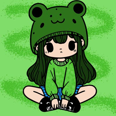 a girl wearing a frog hat and some frog socks