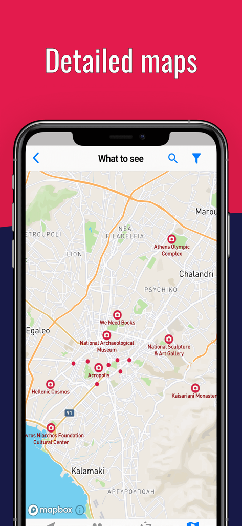ATHENS Guide Tickets & Hotels - 아크로폴리스 및 국립 고고학 박물관과 같은 인기 관광 명소 핀이 있는 아테네 상세 지도 스마트폰 화면