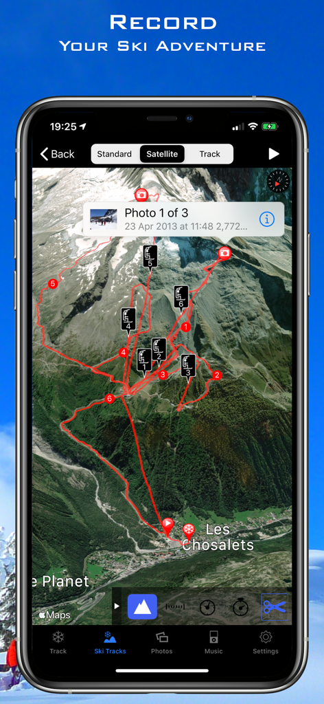 Ski Tracks app satellite map view showing recorded ski routes and photo markers on a mountain