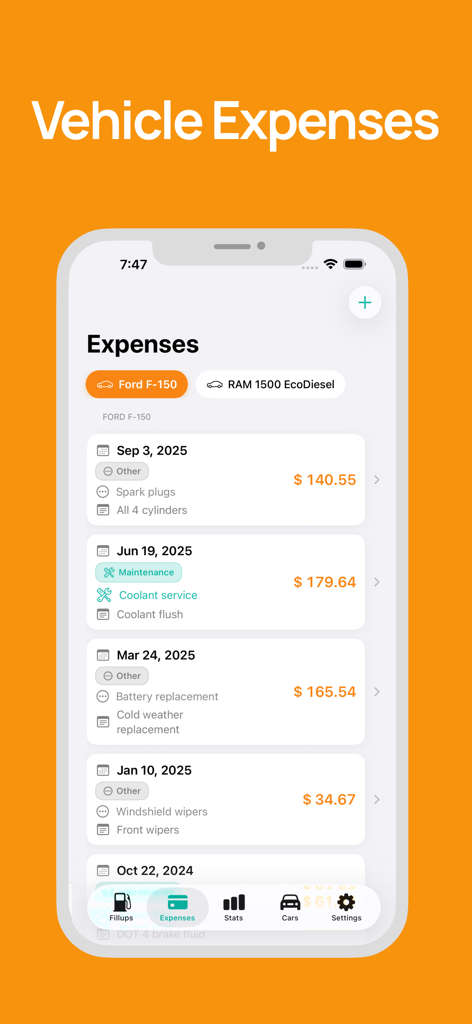 Fuel Cost Calculator & Tracker - Tela do aplicativo móvel mostrando uma lista de despesas de manutenção para um Ford F-150, incluindo substituição de bateria e custos de serviço