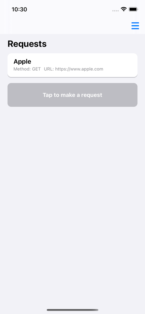 Interface of HTTP Request Maker app showing a list of saved GET requests