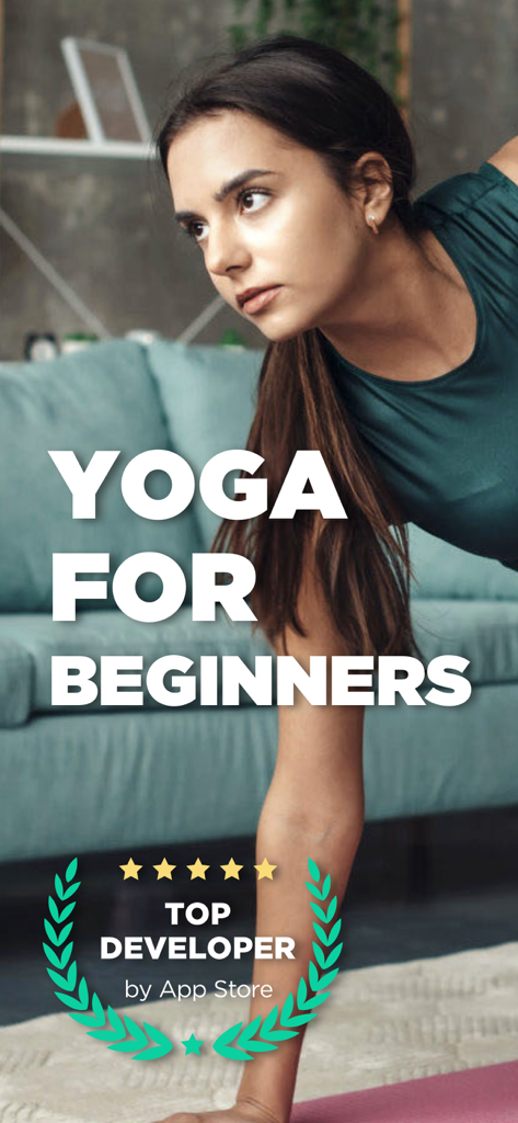 YogaMe｜Yoga for beginners. - A woman performing a yoga plank in a home living room with the text Yoga for Beginners and an App Store Top Developer badge