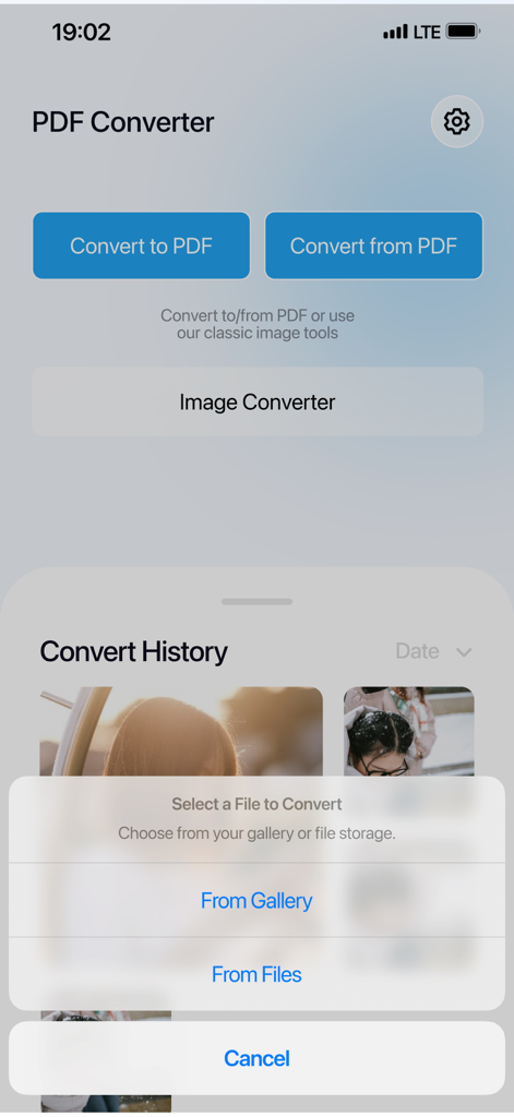 PDF Converter – Photos to PDF - La schermata principale dell'app PDF Converter mostra i pulsanti per convertire da e verso PDF con un menu di selezione file in basso.