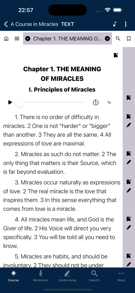 ACIM - Screenshot of the ACIM app showing Chapter 1 of the text with audio controls and navigation menu