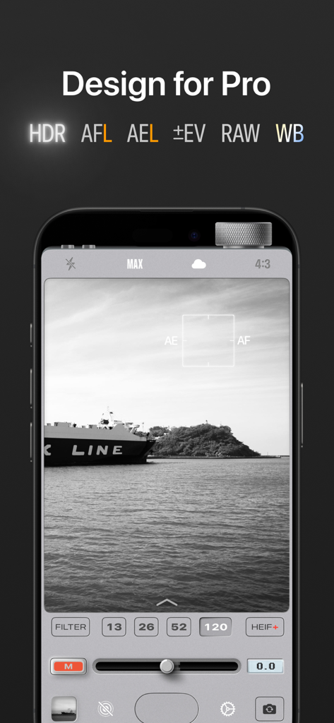 No Fusion-Powerful Pro Cam - No Fusion Pro Cam interface displaying manual photography controls and a black and white photo of a ship