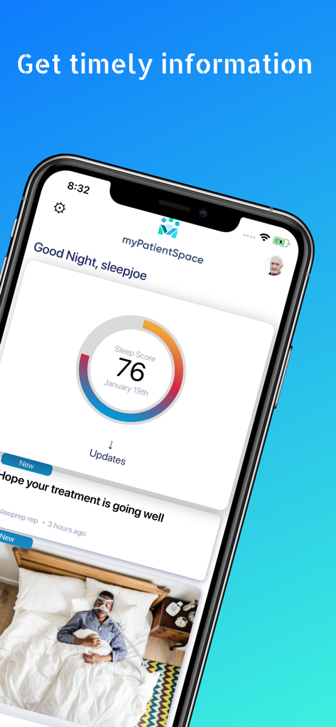 Smartphone displaying the myPatientSpace app dashboard with a sleep score and treatment progress updates