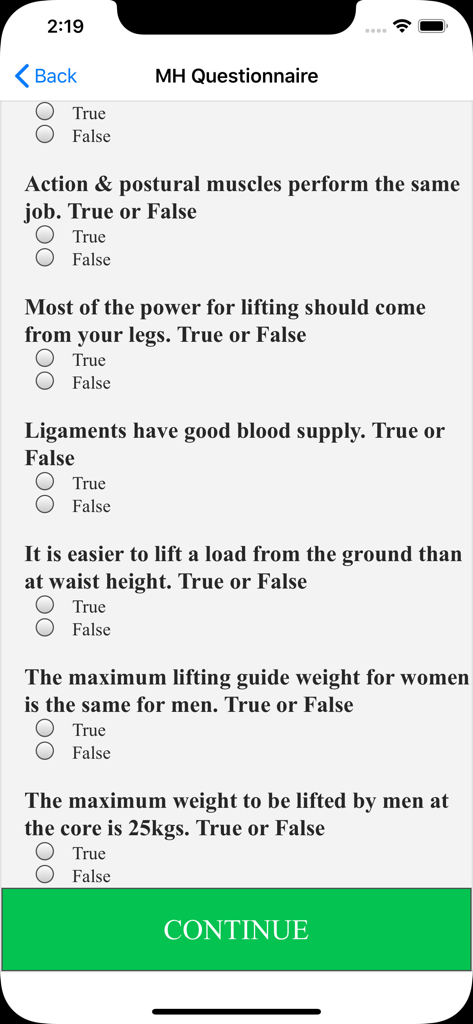 Induction - A mobile screen showing a manual handling safety questionnaire with true or false questions for worker induction