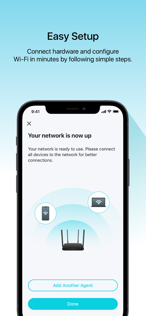 TP-Link Aginet app screen showing successful network setup with icons of a router and connected devices