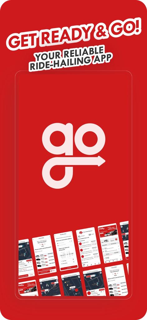 badrgo - Your way to go - Pantalla de inicio de la aplicación de transporte badrgo con el logo y vistas previas de las funciones del servicio sobre un fondo rojo