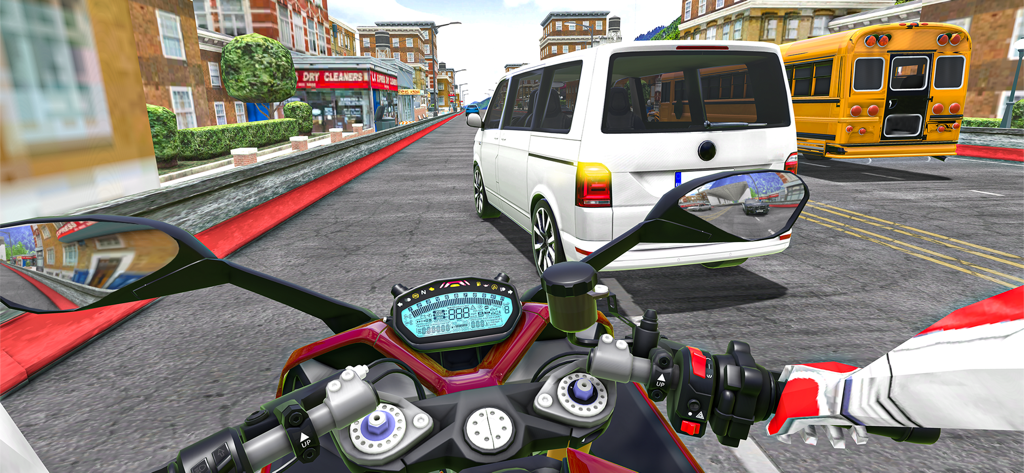 Roadway Rider Bike Racing Game - First person view of a motorcycle rider dodging traffic in a city street racing game