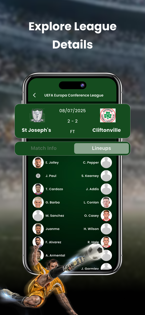 Football Live Score HD - Smartphone interface displaying soccer match lineups and league details