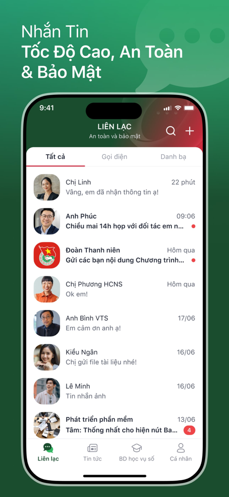 QiMeセキュアエンタープライズメッセージングアプリのインターフェース。iPhoneに、プロフェッショナルの連絡先リストとチャット履歴が表示されています。