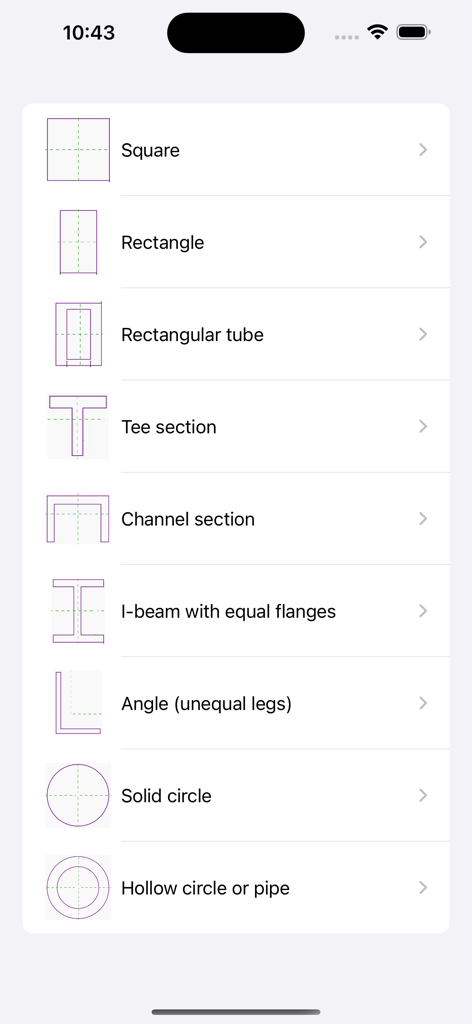 Beam Stress Calculator Beamer - Engineering app menu showing different beam cross sections for structural analysis