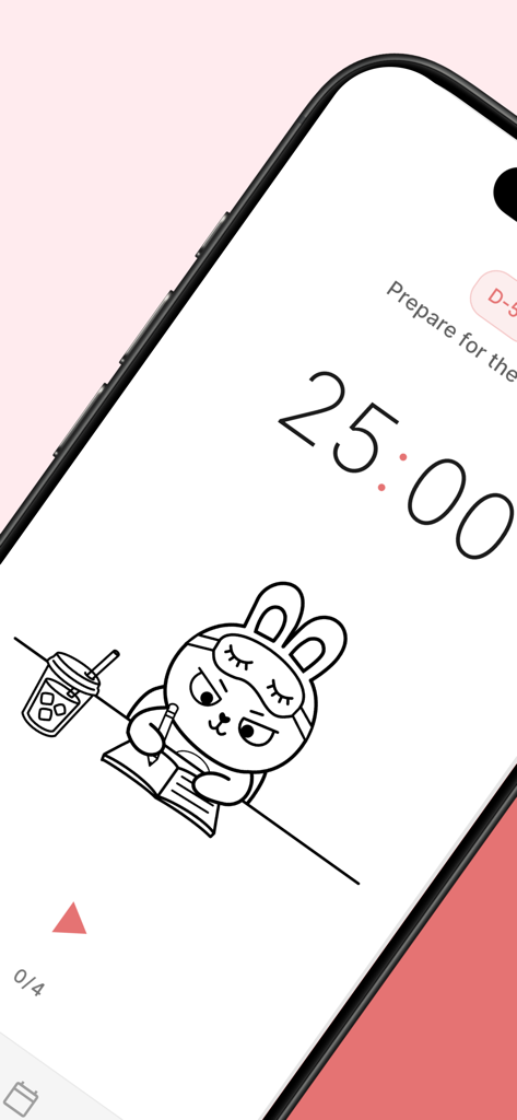 Pomolings - Pomodoro Timer - Interfaz de la aplicación Pomolings que muestra un temporizador Pomodoro de veinticinco minutos con un personaje de conejo dibujado a mano estudiando en un escritorio