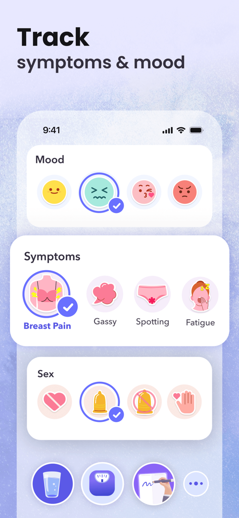 Period Tracker • Ovulation App - A sleek mobile interface for tracking menstrual symptoms moods and health metrics with colorful icons