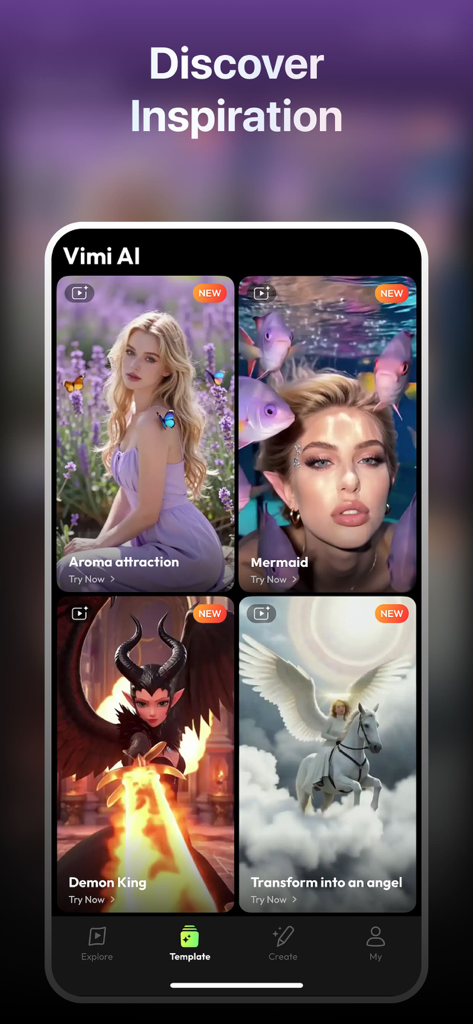 Vimi AI: Video Generator - The Discover Inspiration screen of the Vimi AI app featuring several creative AI video templates.