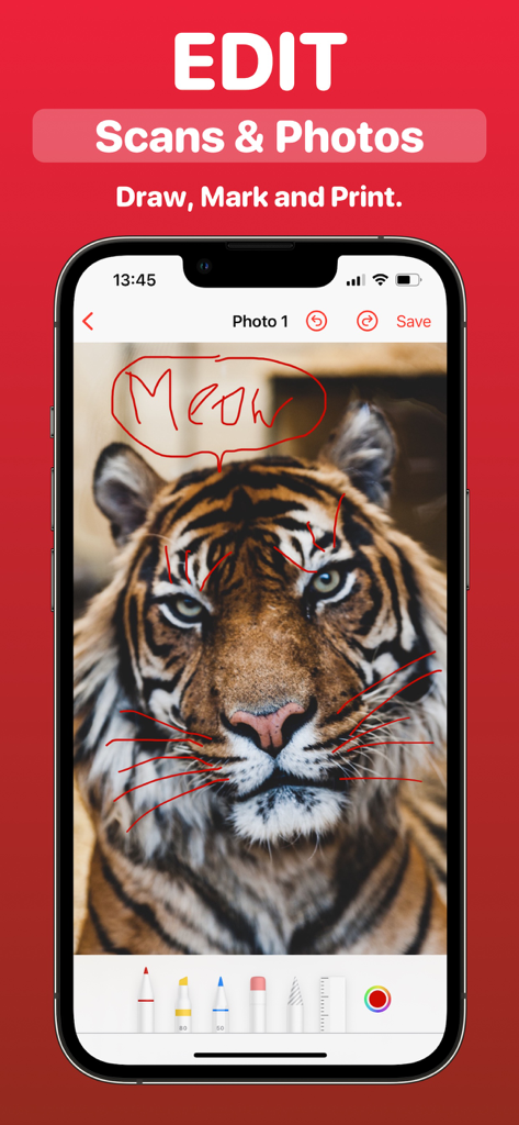 Air Printer: Scan & Print PDF - IPhone interface showing how to draw and mark up photos and scans before printing within the Air Printer app