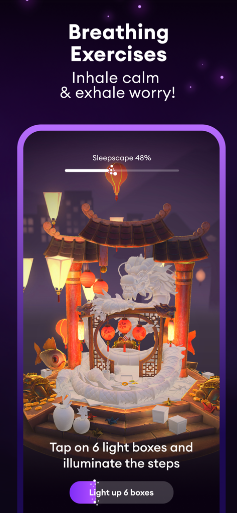 Loóna: Sleep, reduce anxiety - Loona app screen featuring breathing exercises and an interactive 3D dragon sleepscape.