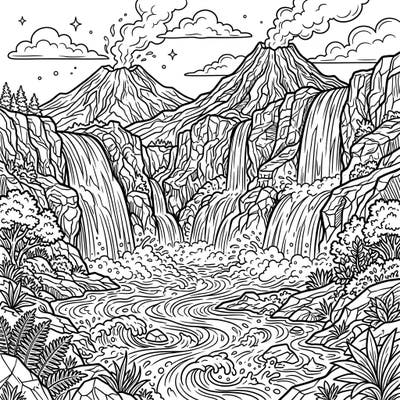 Explore the raw power of nature with this striking volcanic waterfalls coloring page designed specifically for teens. Delve into a dramatic landscape featuring cascading water, smoking peaks, and intricate rock formations, offering a challenging and rewarding artistic experience.