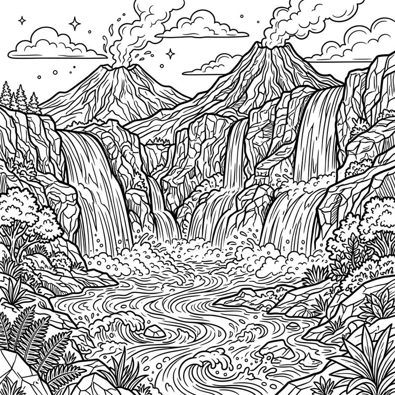 Explore the raw power of nature with this striking volcanic waterfalls coloring page designed specifically for teens. Delve into a dramatic landscape featuring cascading water, smoking peaks, and intricate rock formations, offering a challenging and rewarding artistic experience.