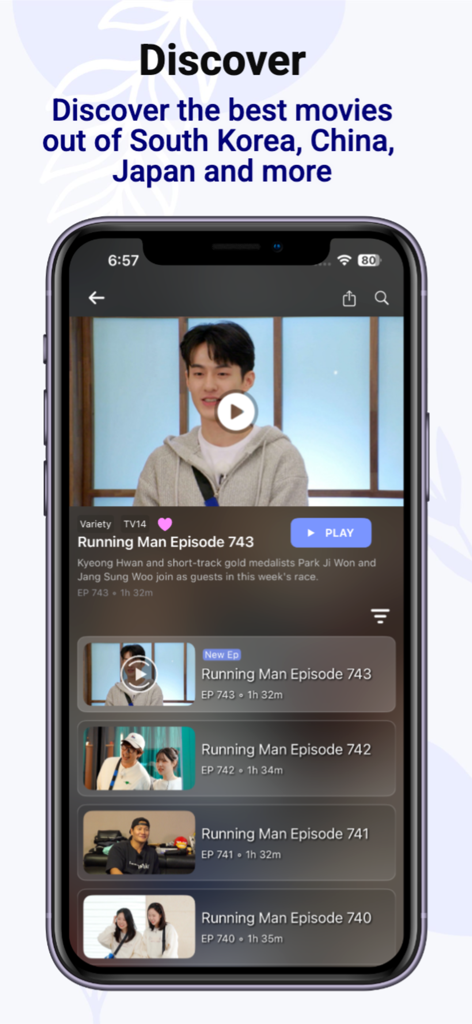 Schermata mobile dell'app iPOP che mostra un elenco di episodi disponibili per il programma di intrattenimento coreano Running Man.