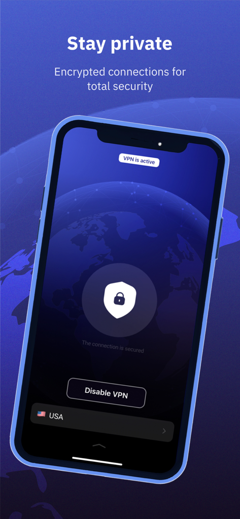 Private VPN Proxy - Easy Start - Interface of Private VPN Proxy app showing an active secure connection and USA server location