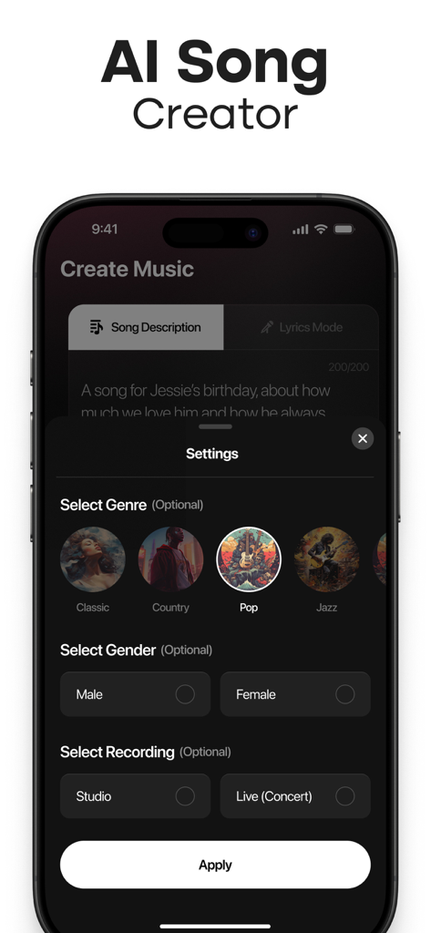 Interfaz de la aplicación MyTunes mostrando la configuración del creador de canciones IA para seleccionar género, género vocal y estilo de grabación.
