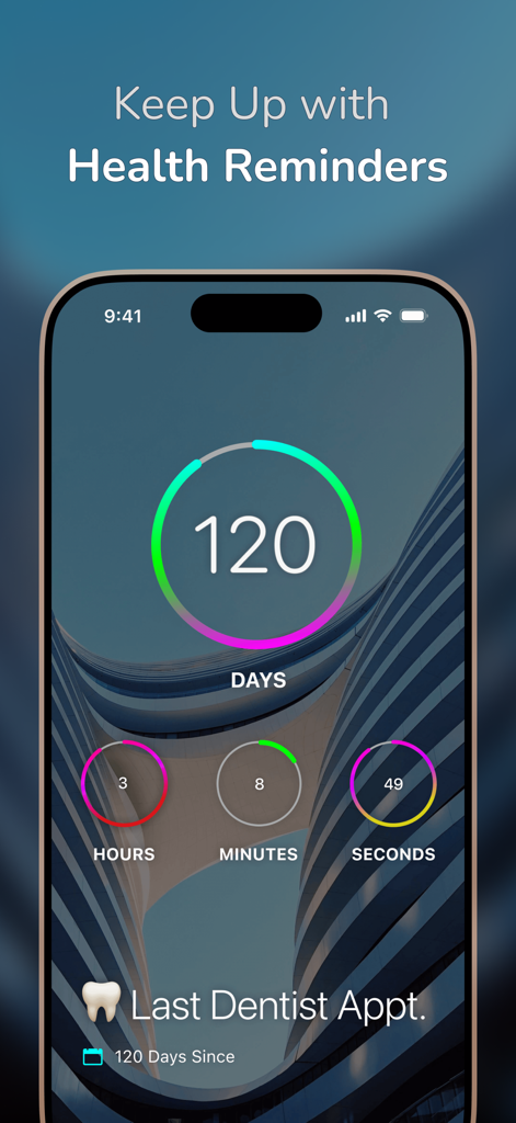DayCount app showing a visual counter for days since a dentist appointment.