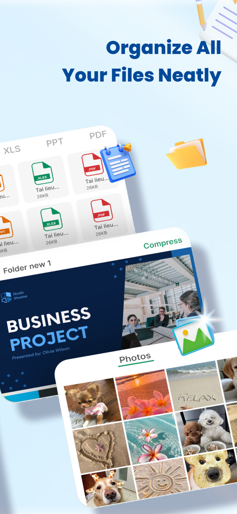 EZ File Explorer: Zip Manager - Interfaz de la aplicación mostrando iconos de documentos organizados, una carpeta de proyectos empresariales y una cuadrícula de galería de fotos