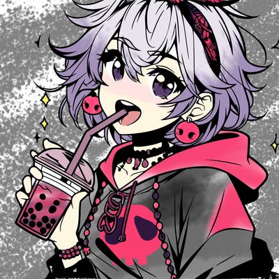hot baddie anime girl drinking boba and biting the straw