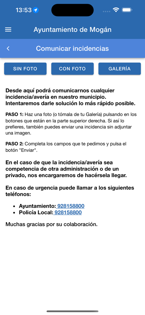 Mogán - L'écran de signalement d'incidents de l'application Mogán avec des instructions et les numéros de contact d'urgence pour la municipalité