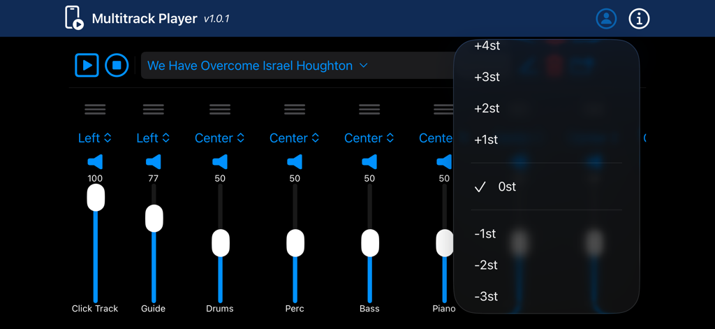 The Multitrack Player - Digital mixer interface of the Multitrack Player app with volume sliders for instrument tracks and a pitch shift menu.