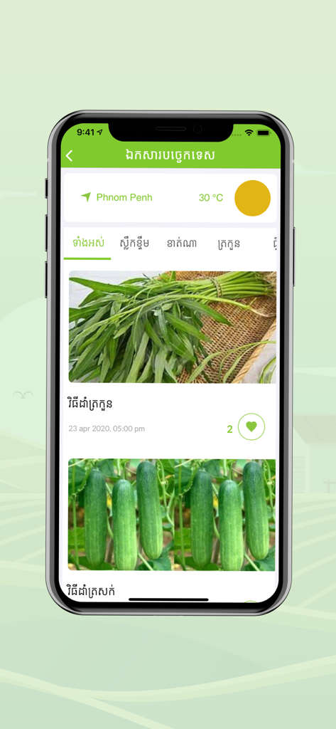 Chamka - Chamka app interface showing agricultural crop guides for water spinach and cucumbers in Khmer