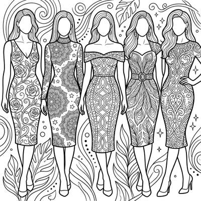 Step into the world of high fashion with this stunning coloring page featuring five elegant women in beautifully designed bodycon dresses. Each dress boasts intricate patterns, offering a sophisticated and engaging coloring experience.