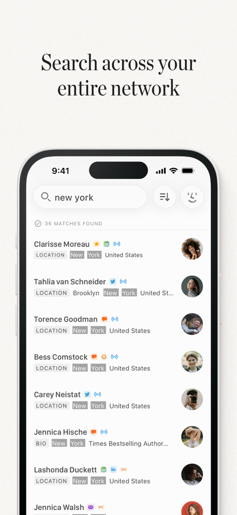 Clay app interface on an iPhone showing a search result for contacts located in New York